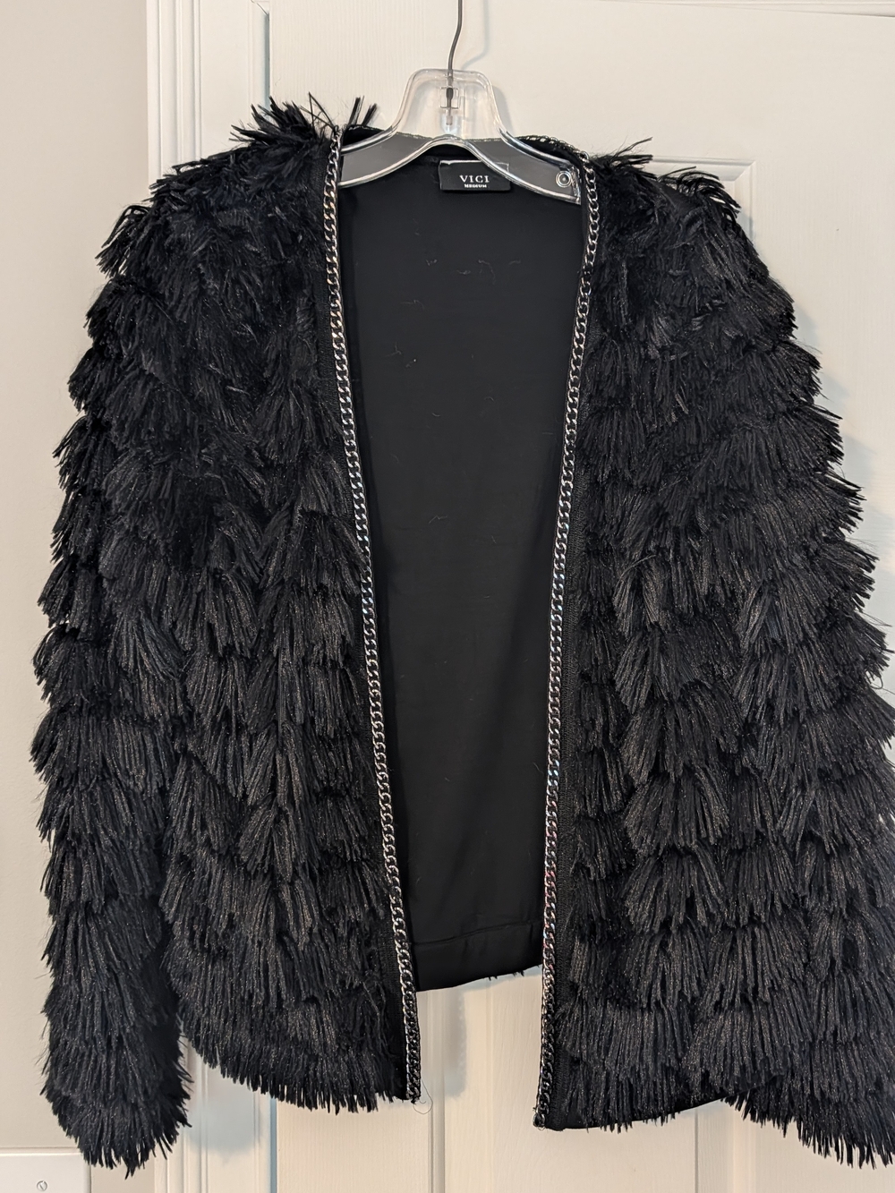 VICI Black Fringe Chain-Trim Open Jacket